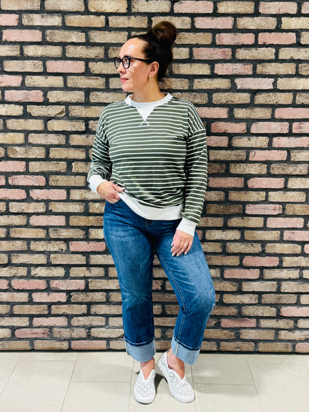 Striped Rib Banded Pullover - DK Olive