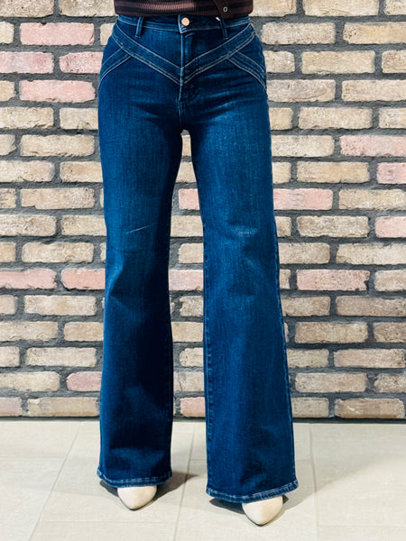 Wide Leg Yoke Detail Jeans - Dark Wash