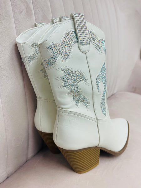 Rhinestone Western Boots - White