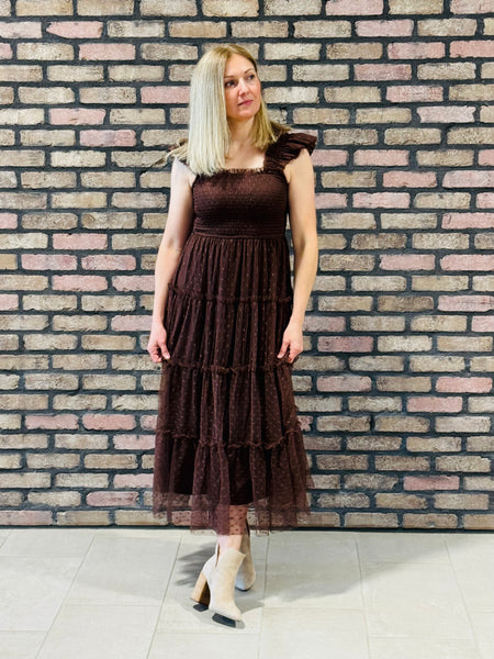 Polka Dot Chiffon Tiered Dress - Brown