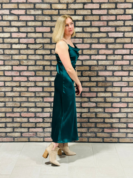 Satin Cowl Neck Midi Dress - Hunter