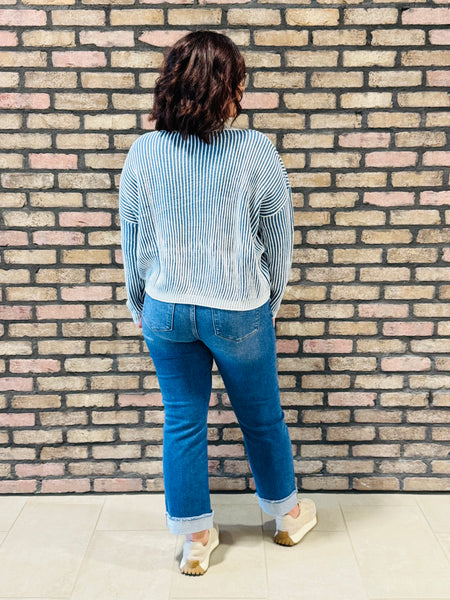 Two-Toned V-Neck Sweater - Blue