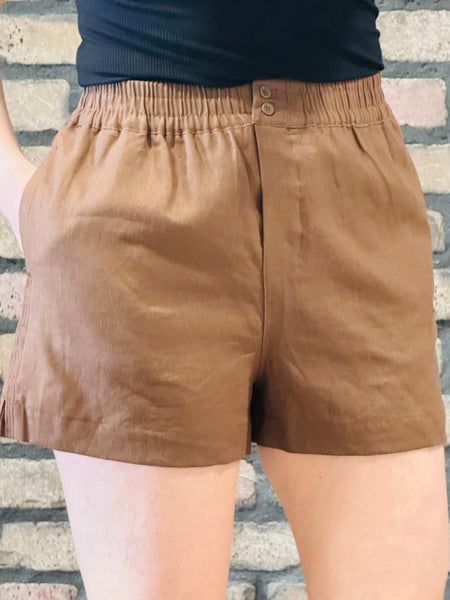 Linen Elastic Waist Shorts - Chocolate
