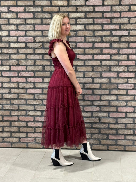 Polka Dot Chiffon Midi Dress - Burgundy
