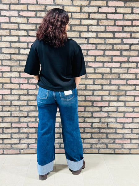 Cuffed Wide Leg Jeans - Dark Wash