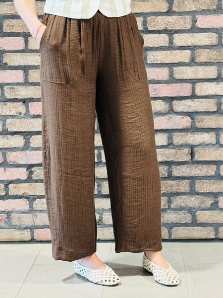 Elastic Waist Textured Pants - Brown