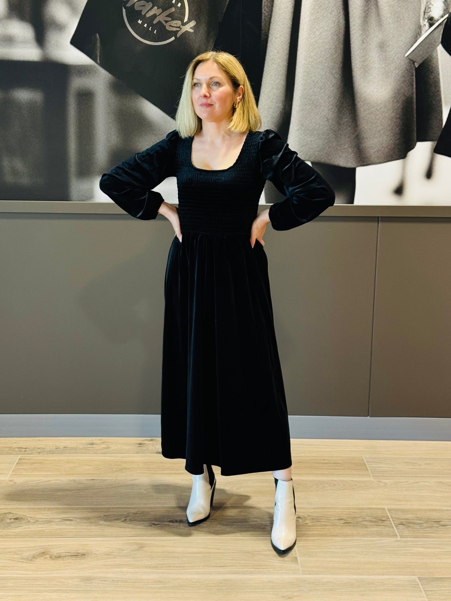 Velvet Smocked Midi Dress - Black