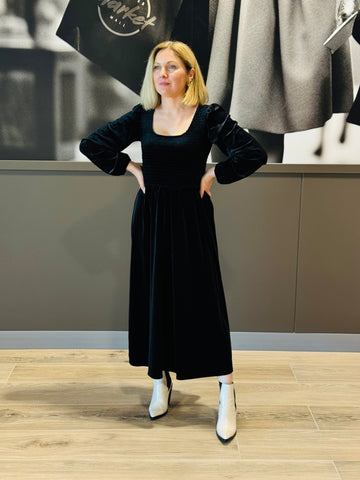 Velvet Smocked Midi Dress - Black