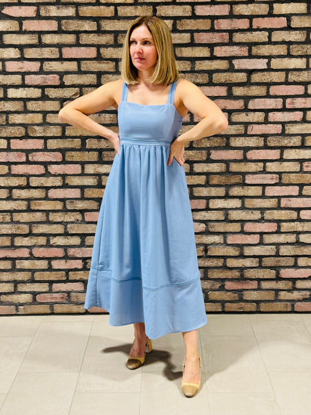 Line Lace Trim Midi Dress - Dusty Blue
