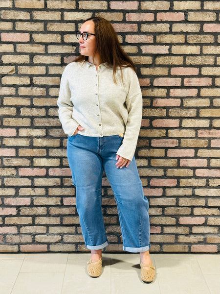 Slouchy Crop Barrel Textured Jeans - Medium Wash