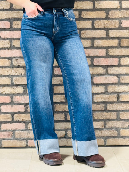 Cuffed Wide Leg Jeans - Dark Wash