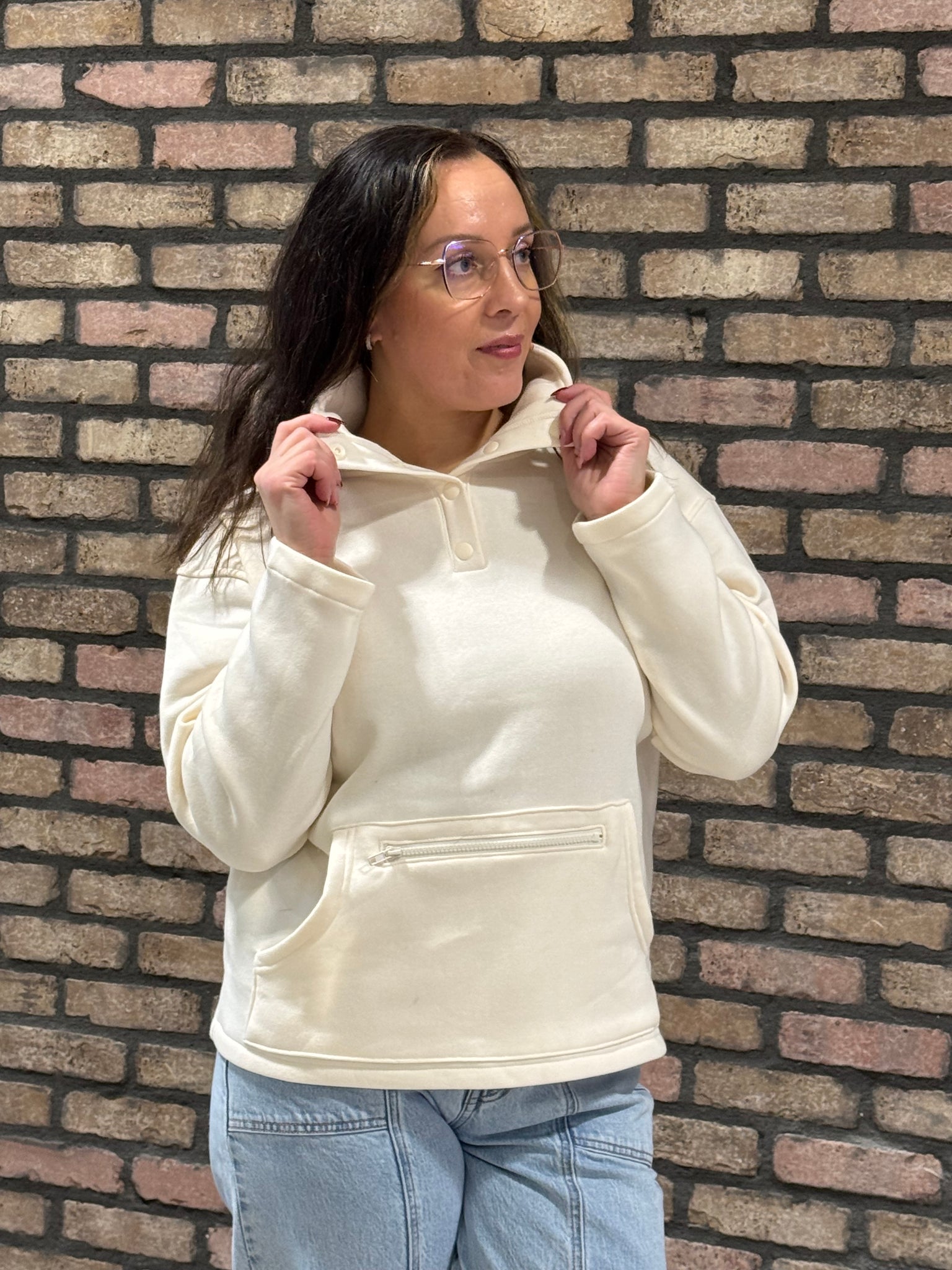 Half Snap Button Sweatshirt - Cream