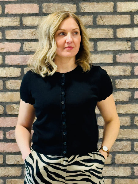 Scalloped Button Down Cardigan - Black