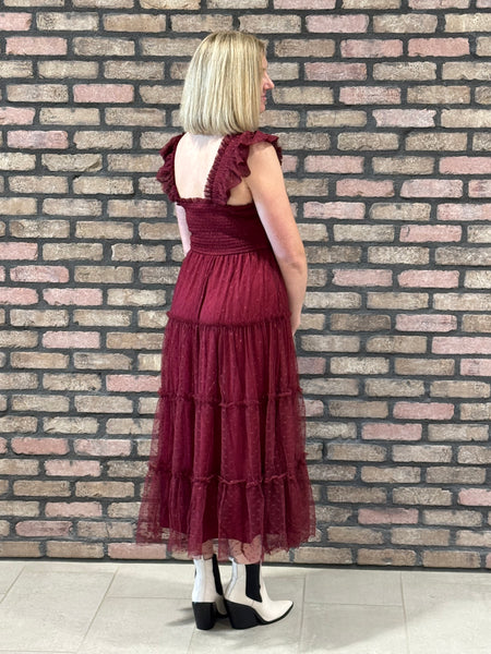 Polka Dot Chiffon Midi Dress - Burgundy