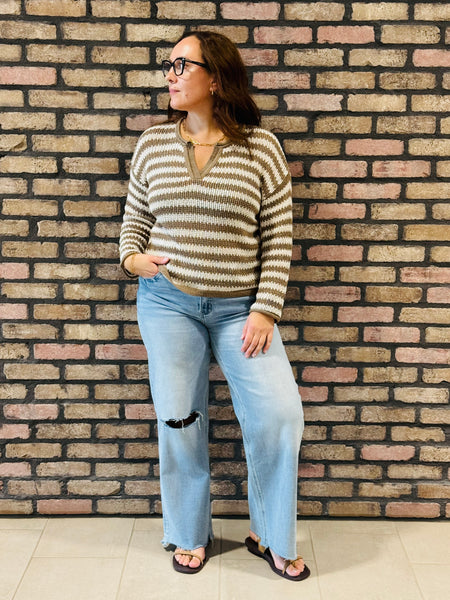 Split Neck Sheer Knit Pullover - Mocha