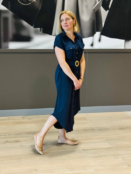 Belted Midi Dress - Navy