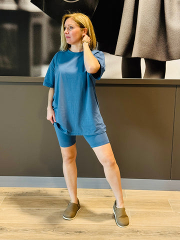 Cotton Top and Biker Shorts Set - Dusty Blue