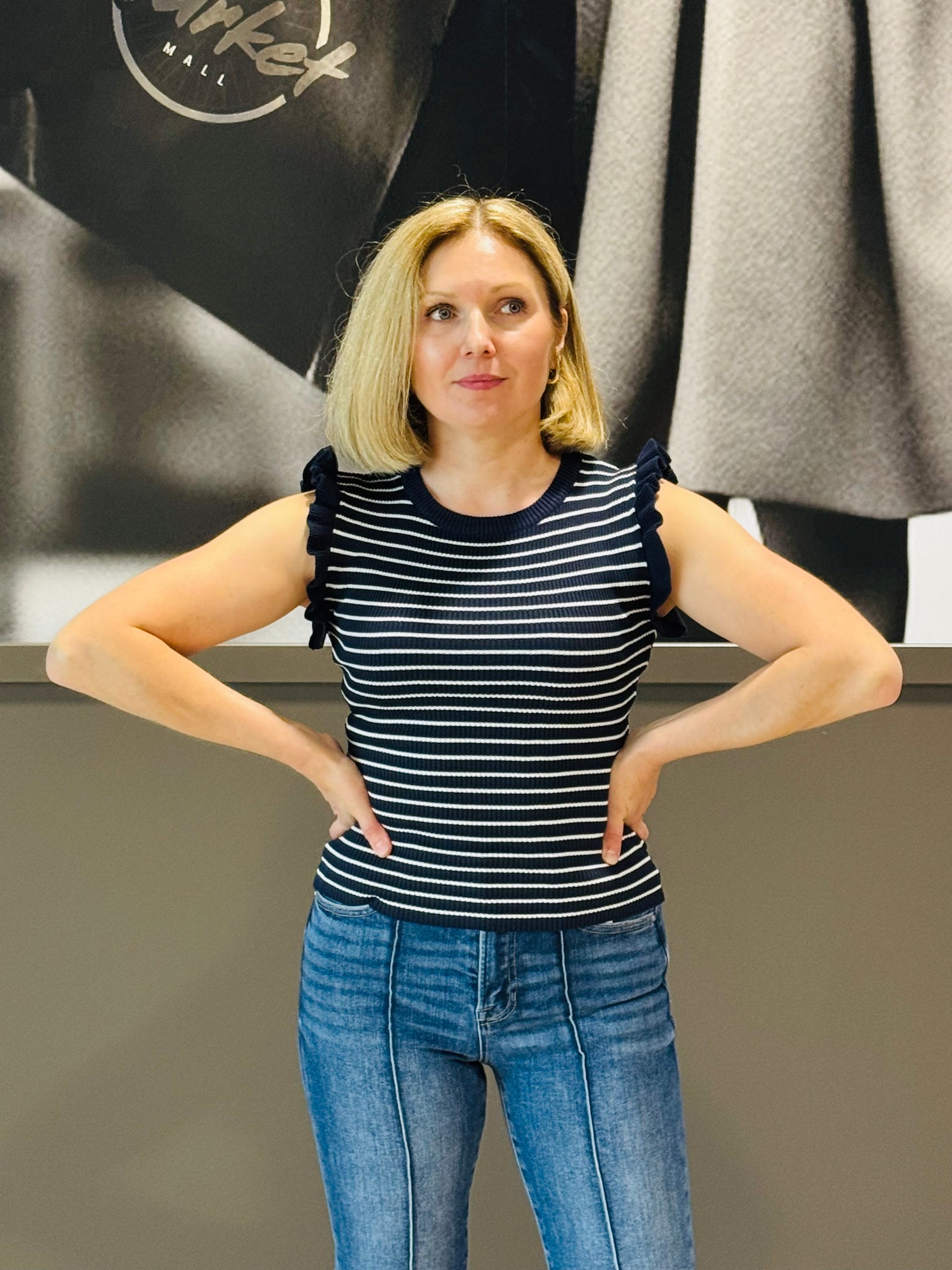 Striped Contrast Trim Top - Navy