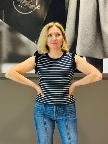 Striped Contrast Trim Top - Navy