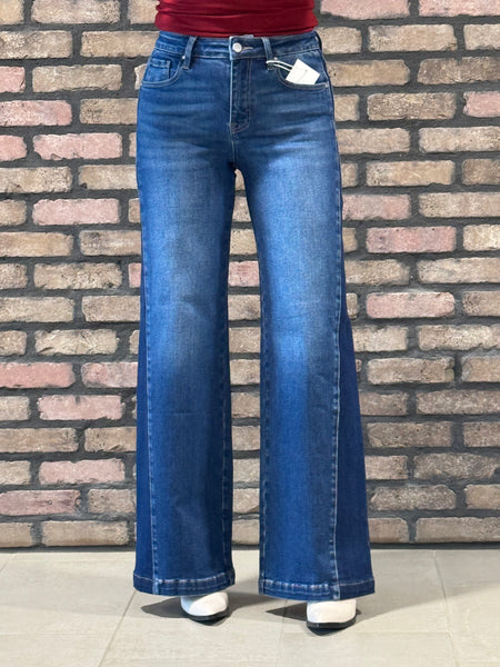 Wide Leg Contrast Side Panel Jeans - Dark Wash