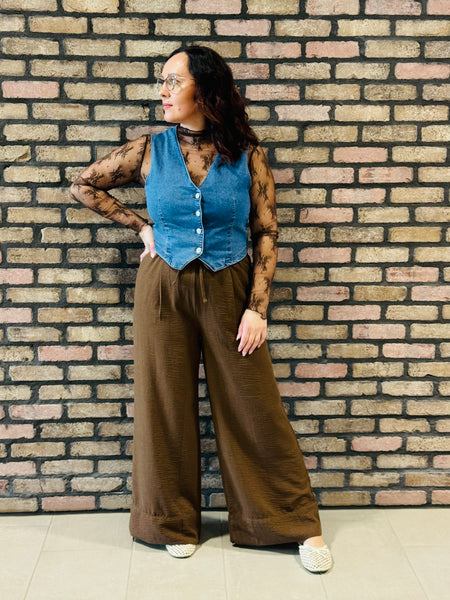Linen Effect Palazzo Pants - Cappuccino
