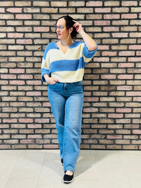 Split Neck Striped Sweater - Cornflower Blue