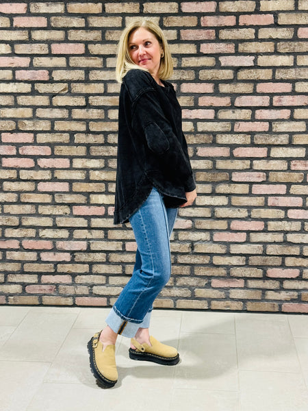 Mineral Wash Elbow Patch Top - Black