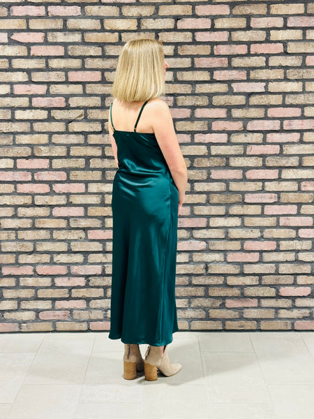 Satin Cowl Neck Midi Dress - Hunter