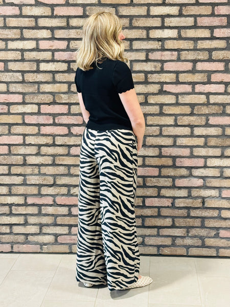 Wide Leg Zebra Print Pants - Taupe/Black