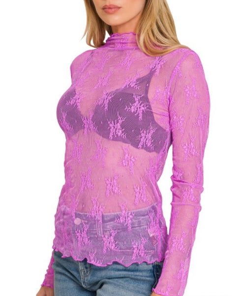 Lace See-Through Top - Bright Mauve
