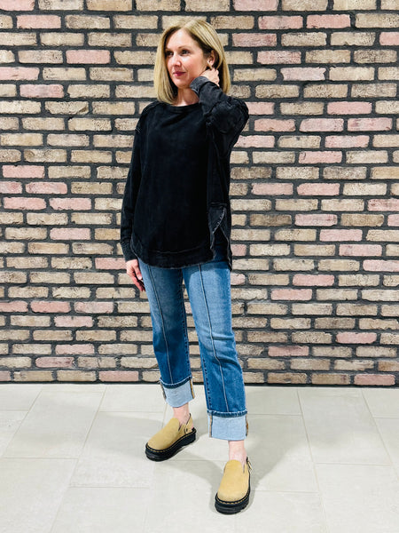 Mineral Wash Elbow Patch Top - Black