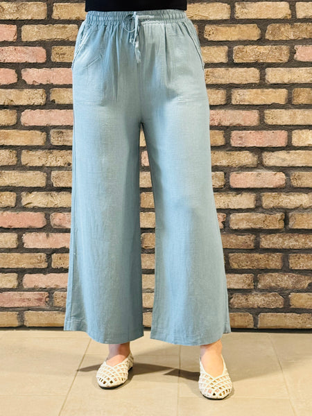 Wide Leg Linen Blend Pants - Blue Grey