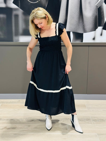 Smocked Ruffle Midi Dress - Black