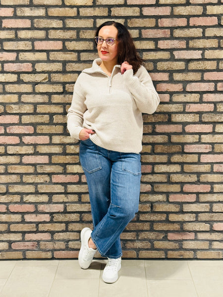 Half Zip Pullover Sweater - H Beige