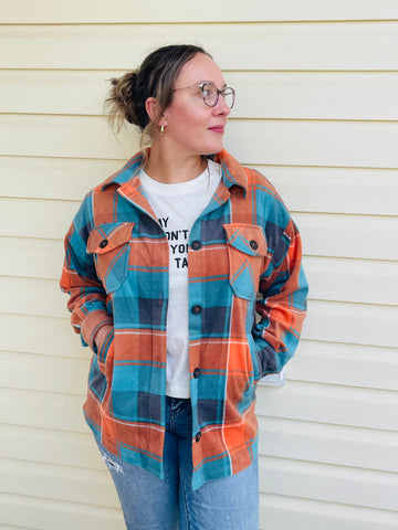 Polar Fleece Plaid Shacket - Teal/Orange