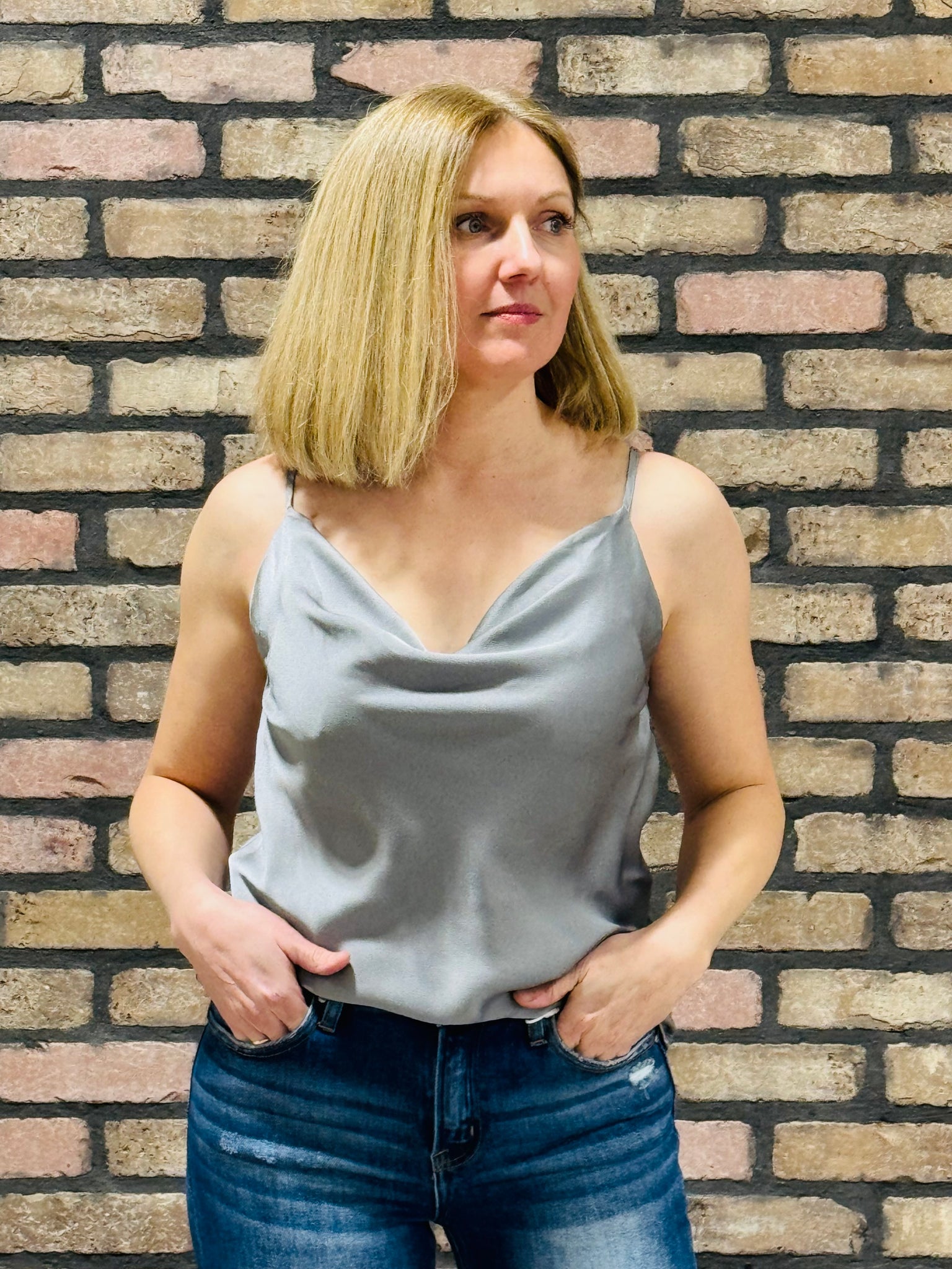 Textured Satin Cami Top - Silver