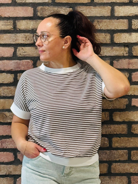 Striped Contrast Trim Top - Brown