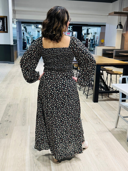 Floral Print Smocking Back Dress - Black