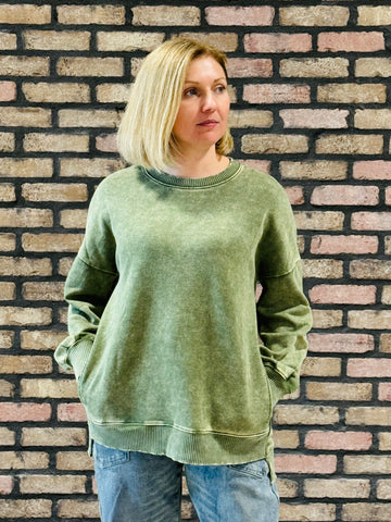 Acid Wash Fleece Pullover - LT Olive