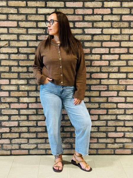 Exposed Seam Button Down Cardigan - Brown