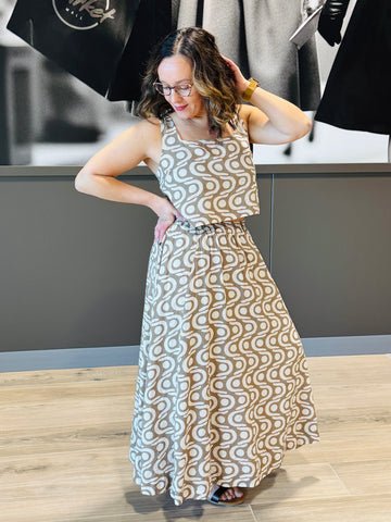 Geo Pattern Pleated Skirt - Light Mocha
