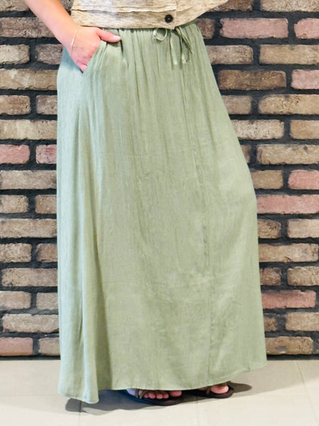 Crinkle Woven Long Skirt - Olive Green