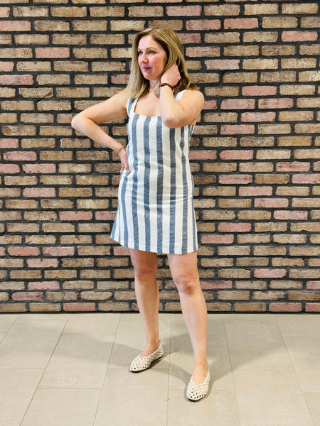 Striped Linen Mini Dress - Navy