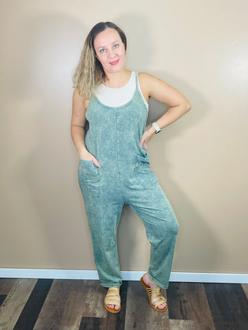 Washed Overalls with Pockets - Ash Jade