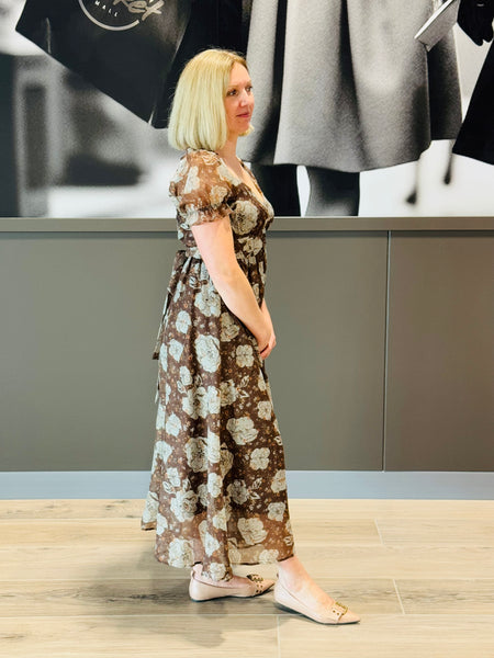 Sweetheart Back Tie Dress - Brown Multi
