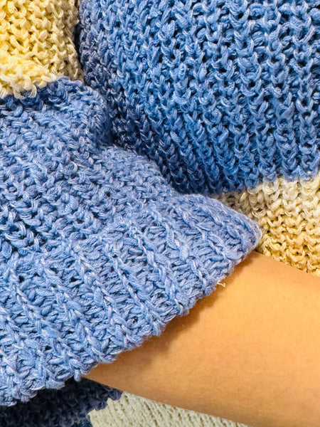 Split Neck Striped Sweater - Cornflower Blue
