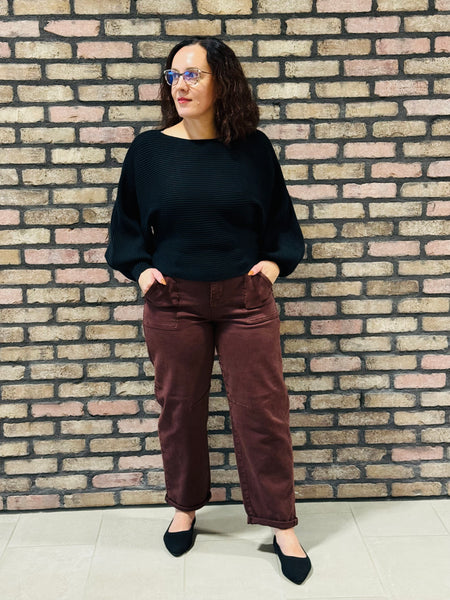 Boat Neck Balloon Sleeves Sweater - Black