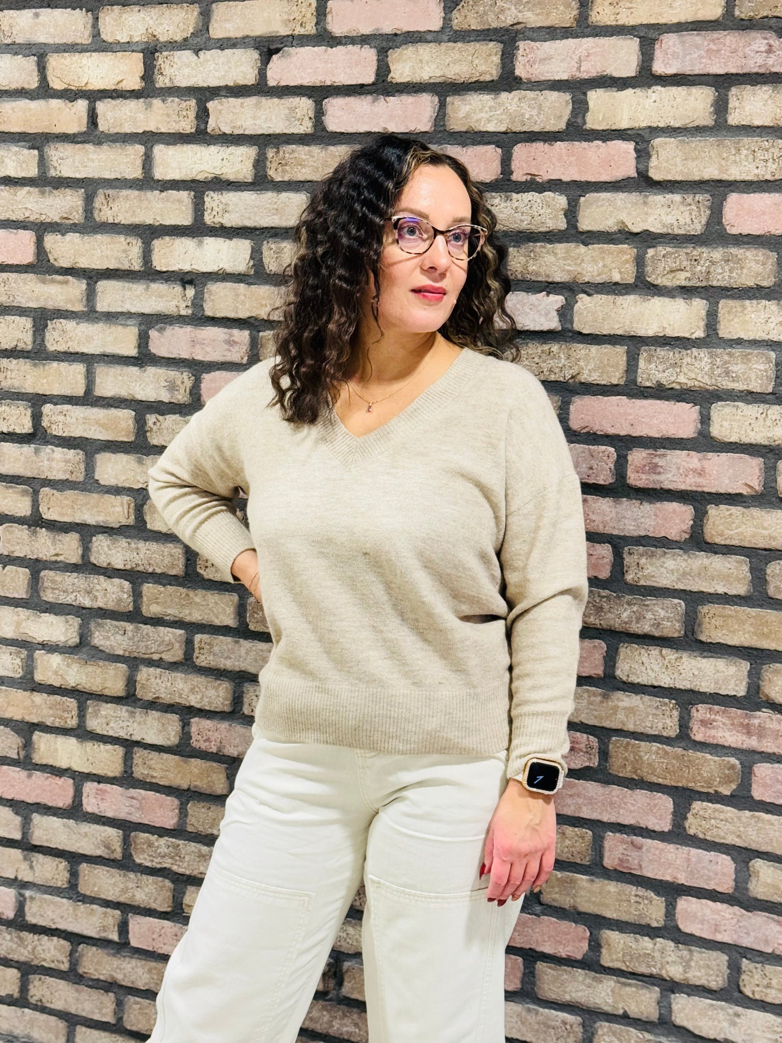 Drop Shoulder V-Neck Sweater - LT Taupe