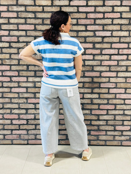 Striped Collared Pullover - H Navy
