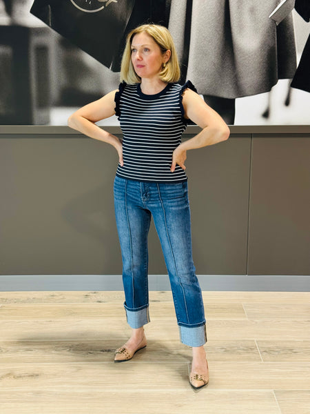 Striped Contrast Trim Top - Navy
